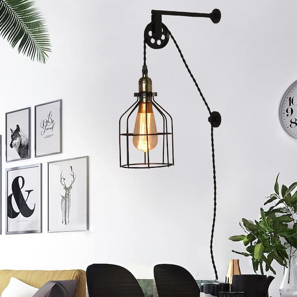 SUNLLOK Industrial 9.8 in. 1-Light Black Plug in. Cage Shade Pulley Wall Sconces Adjustable Height with Switch