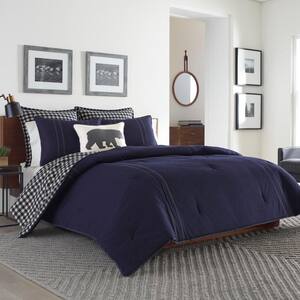 Kingston 3-Piece Navy Blue Plaid Reversible Solid Cotton Full/Queen Comforter Set