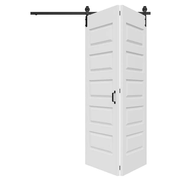 64 in. x 84 in. Paneled 5-Lite White Primed Hollow Core MDF Composite Bi-fold Door with Bifold Barn Door Hardware