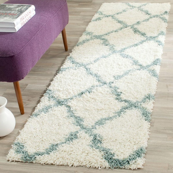 Dallas Shag Ivory/Light Blue 2 ft. x 12 ft. Geometric Runner Rug