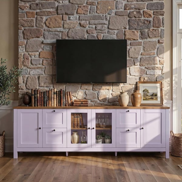 Light Lavender Wood Grain Farmhouse TV Stand Center Fits TV's up to 90 in. with 4-Drawer, Adjustable Shelf, Cable Holes