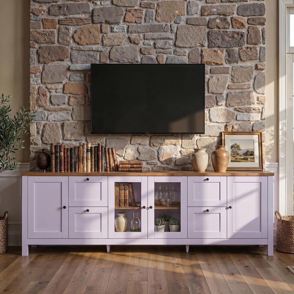 Metal Rack Mapping Stand FUFU&GAGA Light Lavender Wood Grain Farmhouse TV Stand Center Fits TV's ...