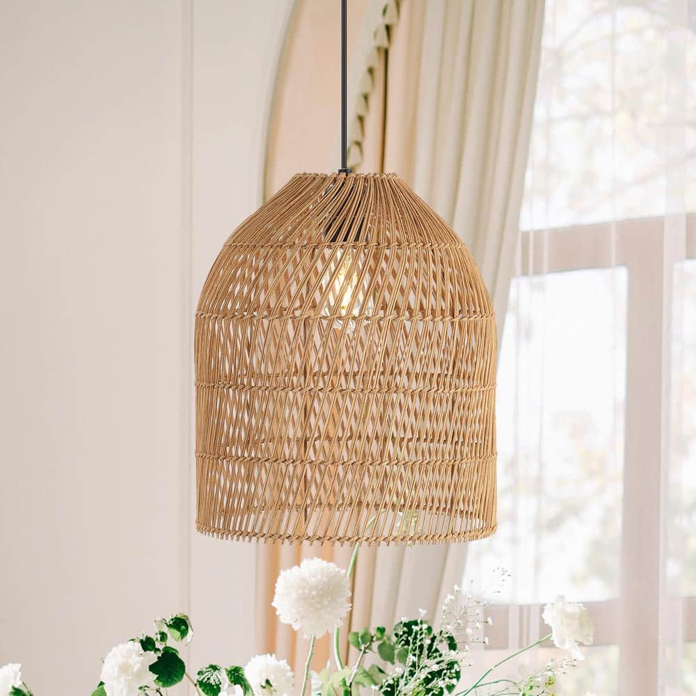 Bohemian Swirl 13" LED Pendant with Adjustable Rattan Shade, Brown