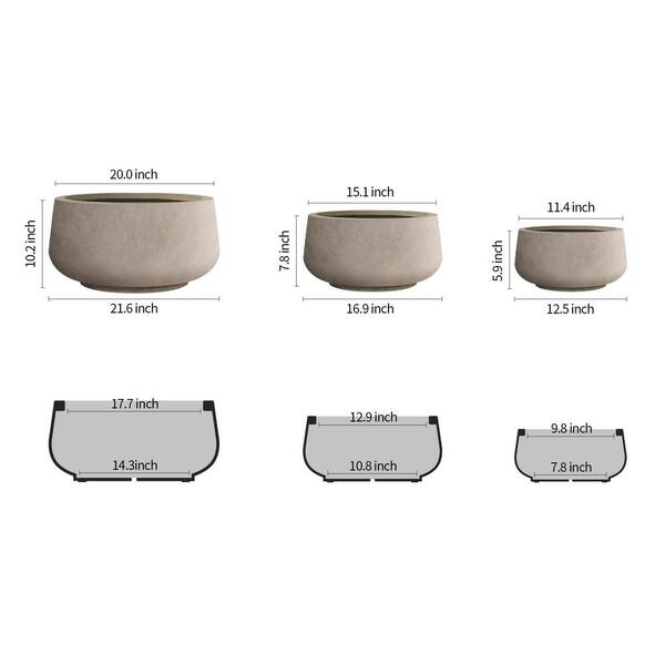 21.6", 16.9", and 12.5"W Round Weathered Concrete Elegant Planters, Set of 3 Outdoor Indoor Seamless w/ Drainage Hole