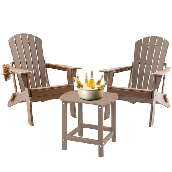 3-Piece HDPE Folding Adirondack Chairs with Side Table, with Cup Holder Ideal for Fire Pit, Deck, Patio, Pool, Teak