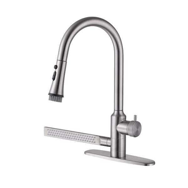Multifunctional Single Handle Pull Down Sprayer Kitchen Faucet in Silver 10. 31in. with 360 Degree Spout Swivel