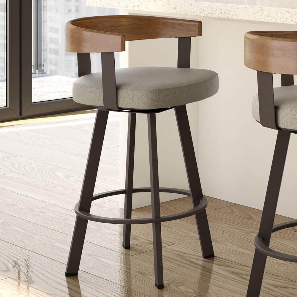 Lars 30" Swivel Bar Stool in Greige Faux Leather with Wood and Metal Frame