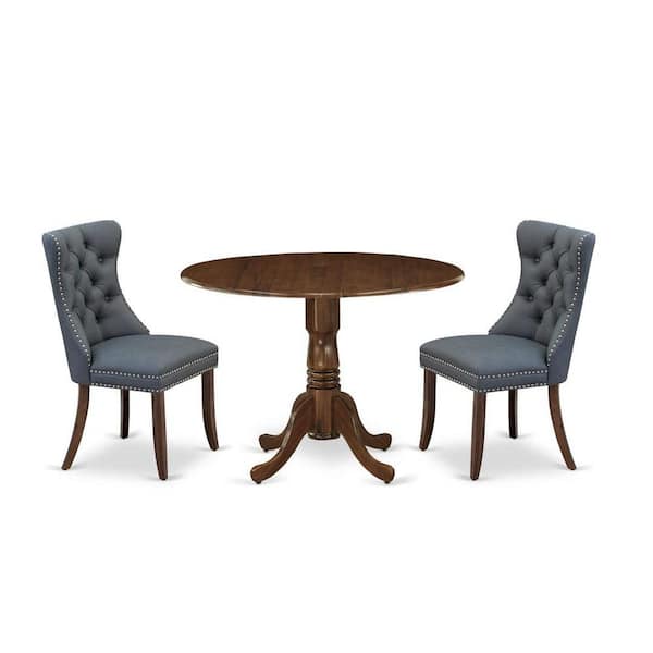 East West Furniture 3-Piece Antique Walnut Finish Solid Wood Top-Round Upholstered Dining Room Set with Dropleaf-Seats 4
