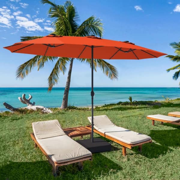 15 ft. Steel Market Solar LED Lighted Double-Sided Patio Umbrella in Orange with Crank