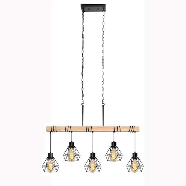 Rviezza Farmhouse 5-Light Matte Black and Natural Wood Linear