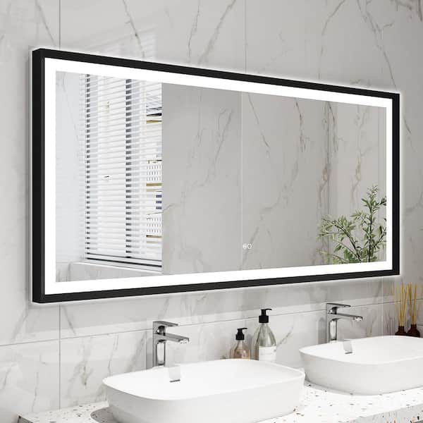 WELLFOR 60 in. W x 28 in. H Rectangular Aluminum Framed Anti Fog Dimmable LED Wall Bathroom Vanity Mirror Matte Black