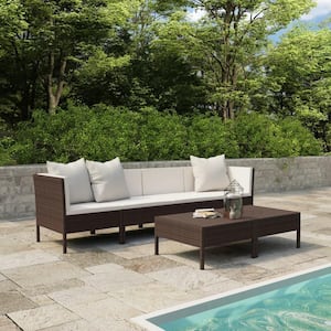 Metal Frame 6-Piece Garden Lounge Set with Cream White Cushions Poly Rattan Brown Suitable Patio Conversation