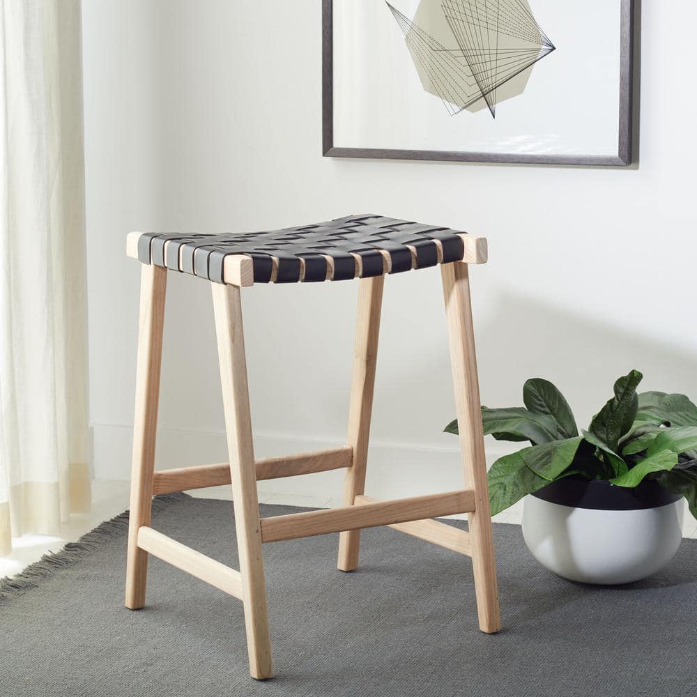Elegant Airy Charm Black Woven Leather and Natural Wood Counter Stool