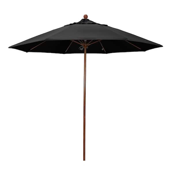 California Umbrella 9 ft. Woodgrain Aluminum Commercial Market Patio Umbrella Fiberglass Ribs and Push Lift in Black Olefin