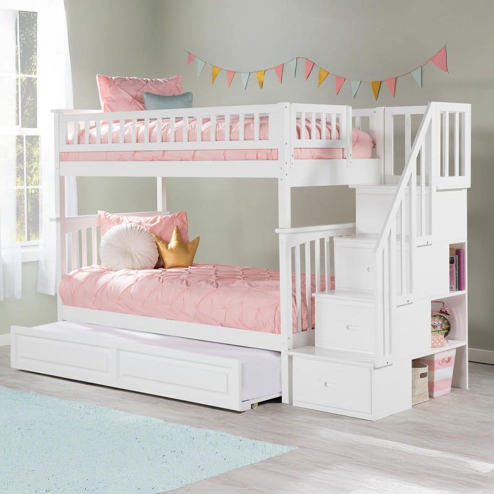 White Twin Over Twin Wood Bunk Bed with Trundle and Storage