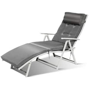 Metal Outdoor Chaise Lounge with Gray Cushion, Headrest Included