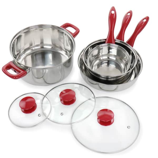 Gibson 7 Piece Chef Du Jour Carbon Steel Nonstick Cooking Pots and Pans  Kitchen Cookware Set with Handles and Tempered Glass Lids, Red