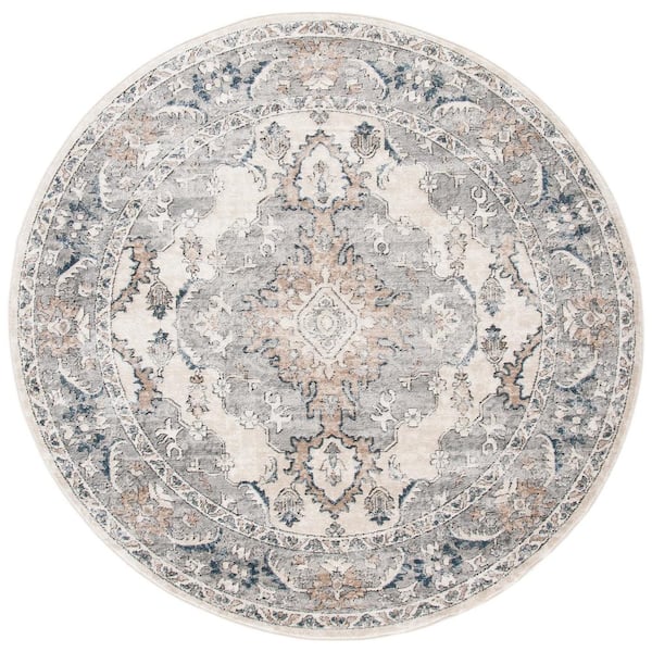 Oregon Beige/Gray 7 ft. x 7 ft. Distressed Floral Medallion Round Area Rug