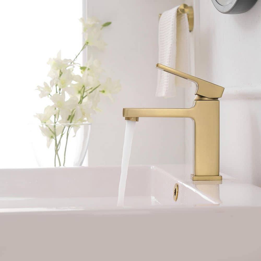 Brushed Gold Single-Handle Low-Arc Bathroom Faucet with Drain