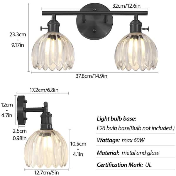 14.9 in. 2-Light Black Dimmable Bathroom Vanity Light, with Clear Glass Shades, for Living Room, Bedroom, Laundry Room