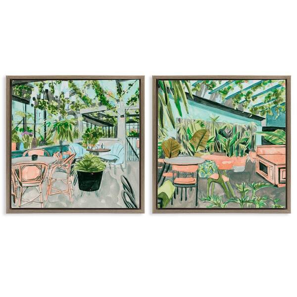 Plant Filled Cafe Views by Melissa Wang 2-Pieces Brown Floater Frame Home Graphic Art Print 25 in. x 25 in.