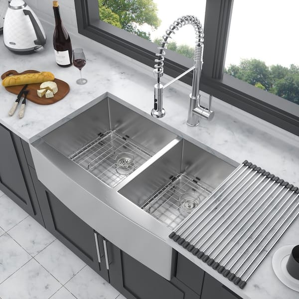 Lindra 36 in. L x 20 in. W Farmhouse/Apron-Front Double Bowl(60/40) 16-Gauge Stainless Steel Kitchen Sink with Strainer