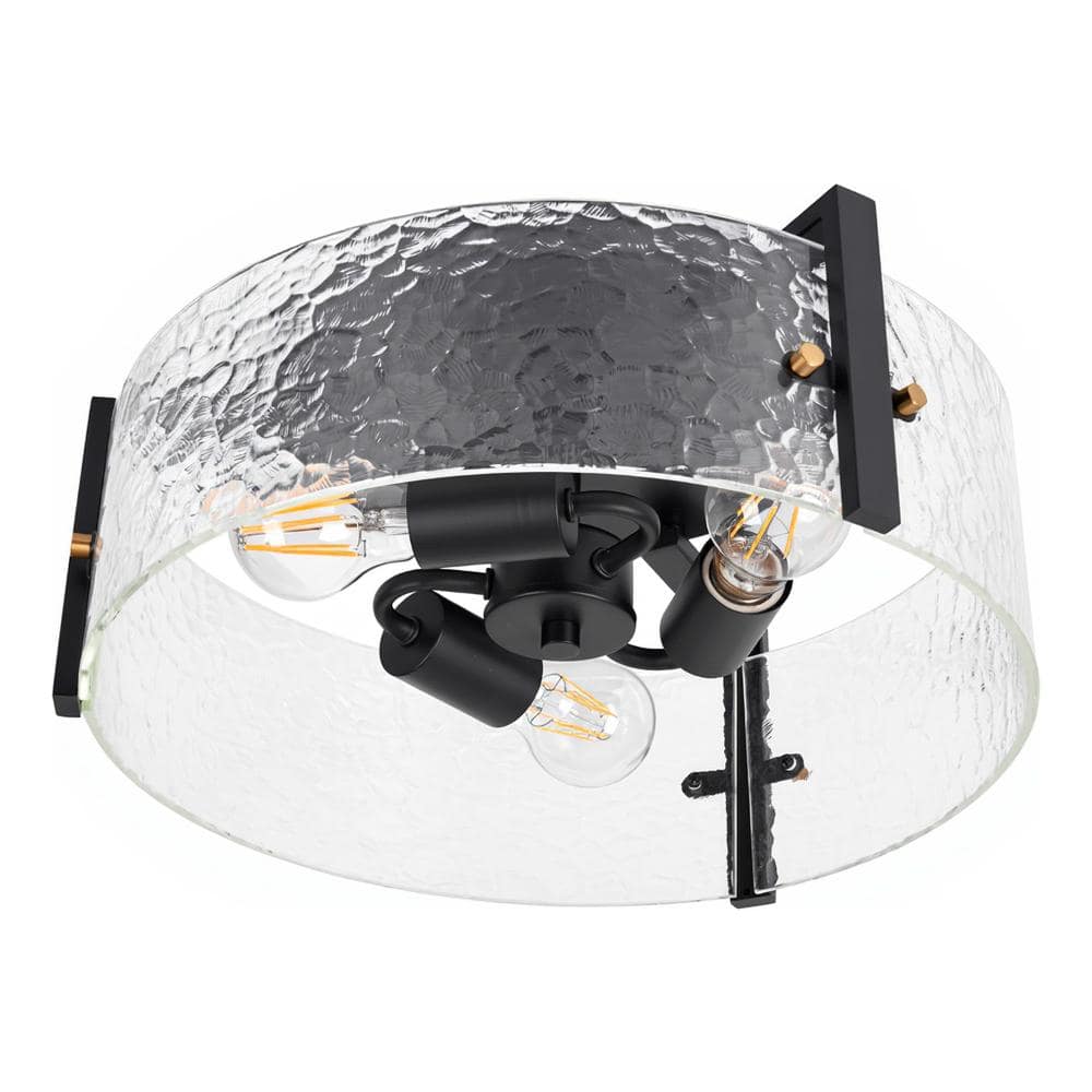 Modern 15 Inch 3-Light Black Flush Mount Ceiling Light with Stone-patterned Glass for Bedroom, Bulbs Not Included price history on PriceWatchPro