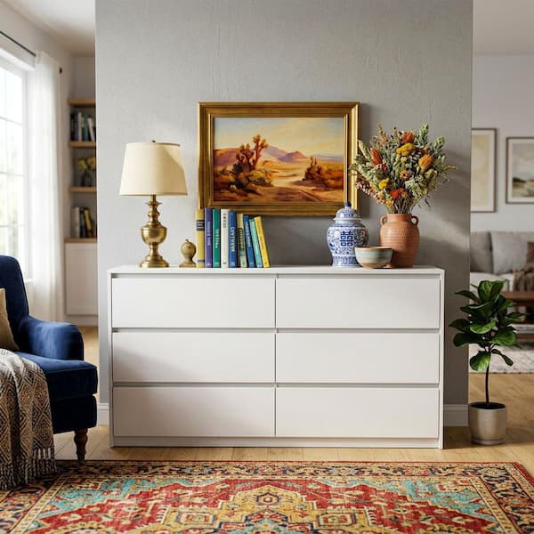 FUFU&GAGA 6-Drawers White Wood Chest of Drawer Accent Storage