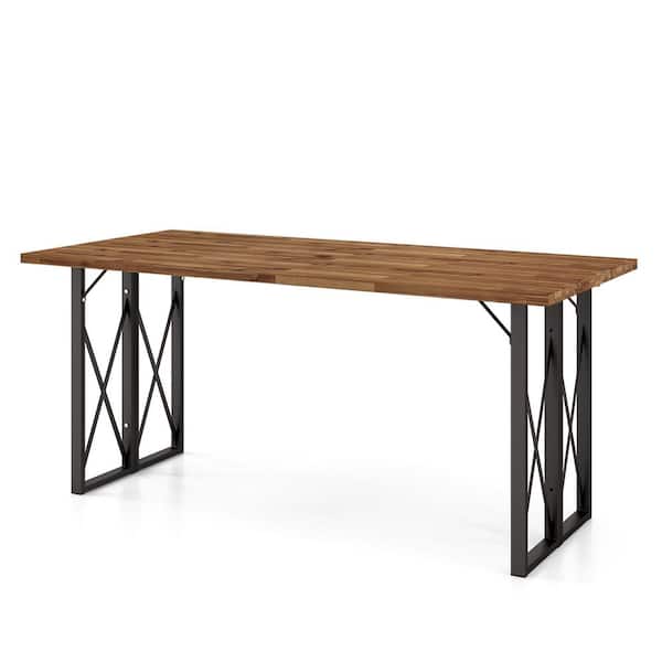 Costway Patio Rectangle Table Heavy-Duty Acacia Wood 67 in. Outdoor Dining Table with Umbrella Hole