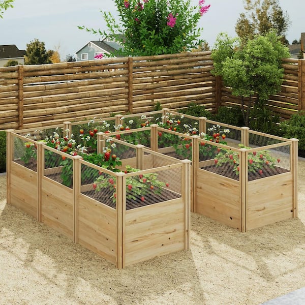 Garden 95.3 in. L x 95.3 in. W x 34.2 in. H Natural Cedar Wood L-Shaped Outdoor Floor Planter Set with Mesh Fencing