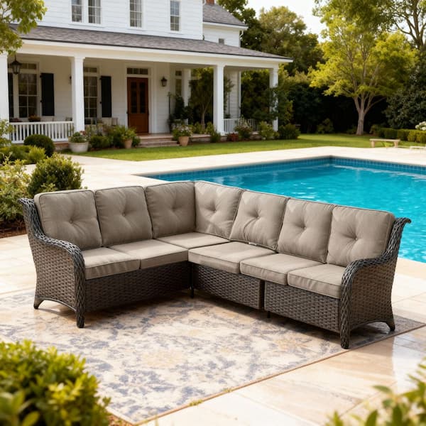 1-Piece Brown Wicker Patio Conversation Outdoor Couch, Sectional Sofa with Gray Cushions