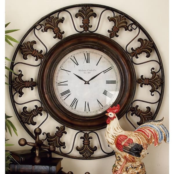 38 in. x 38 in. Brown Metal Fleur De Lis Wall Clock