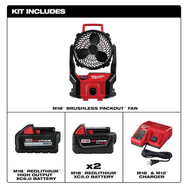 M18 18-Volt Lith-Ion Brushless Cordless PACKOUT Jobsite Fan w/ (3) Battery & Charger
