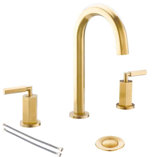 Phiestina Brushed Gold 8 in. 2-Handles 3 Holes Hexagonal Wide spread Bathroom Faucet