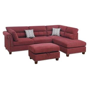 Gusty 3-Piece Paprika Red Velvet Fabric 4-Seater Reversible L-Shape Sectional Set with Storage Ottoman