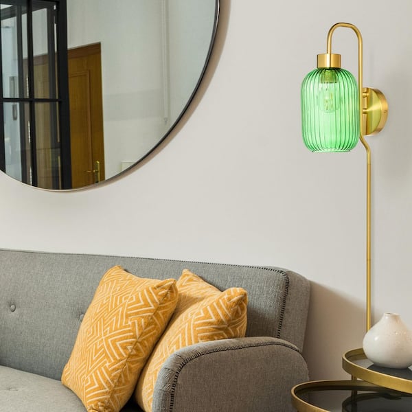 Harlow 8.625 in. Brushed Gold-Colored Wall Sconce with Green Globe-Shaped Glass Shade