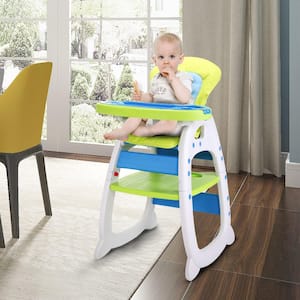 Kids Plastic Outdoor&Indoor Dining Chair Adjustable Highchair with Feeding Tray and 5-Point Safety Buckle in Blue/Green