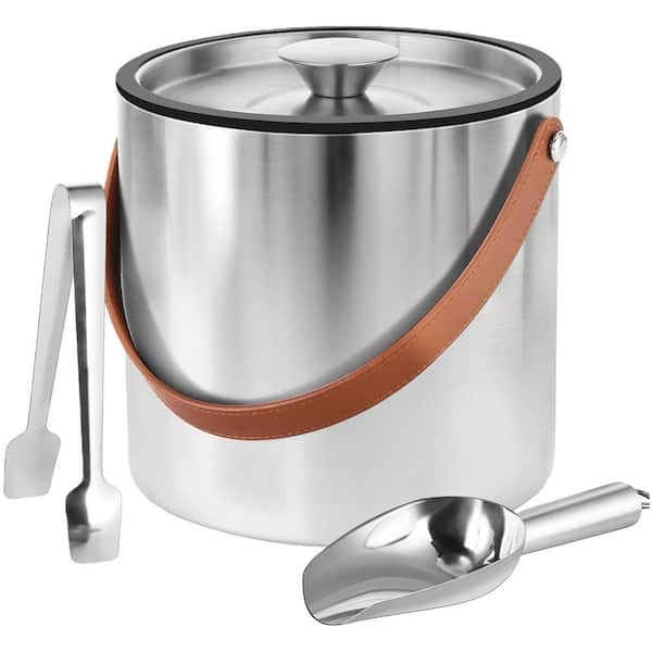 Silver Stainless Steel Double-Wall Vacuum Insulated Ice Bucket with Lid, Scoop, Ice Tong, Strainer, Leather Handle