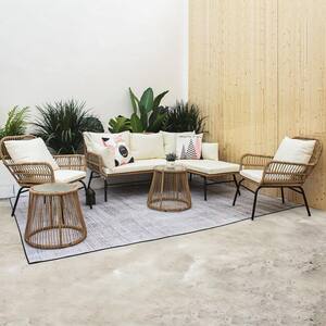 6-Pieces Outdoor Patio Balcony Natural Color Wicker Sofa Chair Set with Beige Cushion and Round Tempered Glass Table