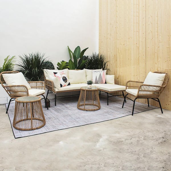 SUNRINX 6-Pieces Outdoor Patio Balcony Natural Color Wicker Sofa Chair Set with Beige Cushion and Round Tempered Glass Table