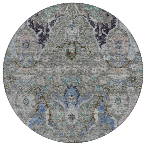 Chantille Machine Washable Indoor/Outdoor Abstract ACN1932 Pewter 8 ft. x 8 ft. Round Rug