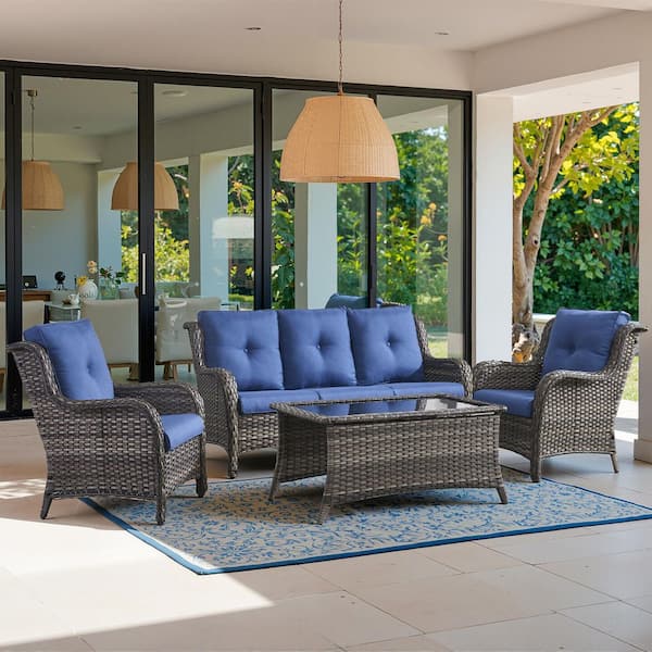 4-Piece Wicker Outdoor Patio Seating Conversation Set Sectional Sofa Glass Coffee Table with Blue Cushions