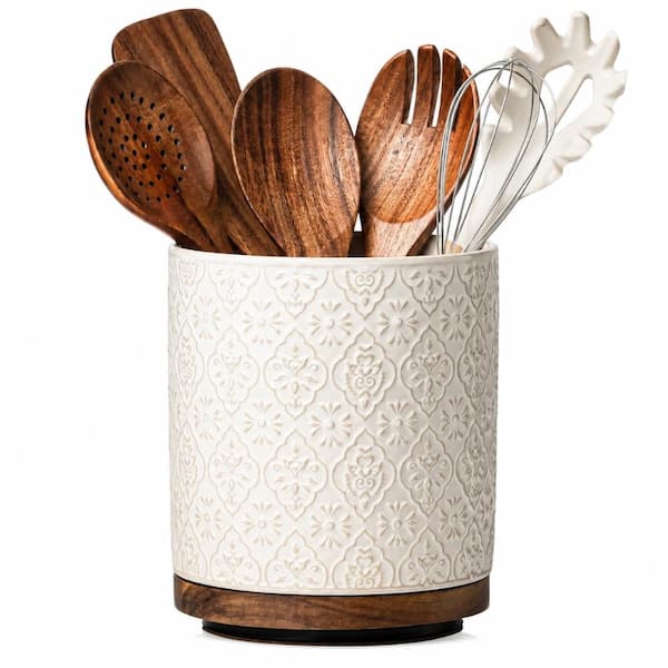 Off-White Ceramic 360° Rotating Extra-Large Utensil Holder with Embossed Flower Pattern