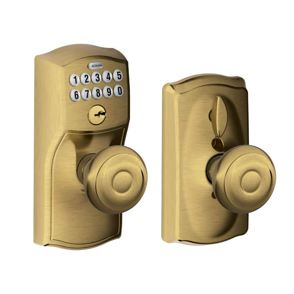 Schlage Camelot Antique Brass Electronic Keypad Door Lock with Georgian  Knob and Flex Lock FE595 CAM 609 GEO - The Home Depot