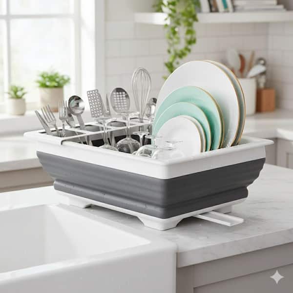 White Collapsible Dish Rack with Built-in Utensil Drying Rack for Kitchen Counter Space Saving Storage