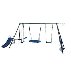 Outdoor Blue Swing Set with 6-Function with 31.5 in. Net Swing for Outdoor Playground for Age 3 Plus