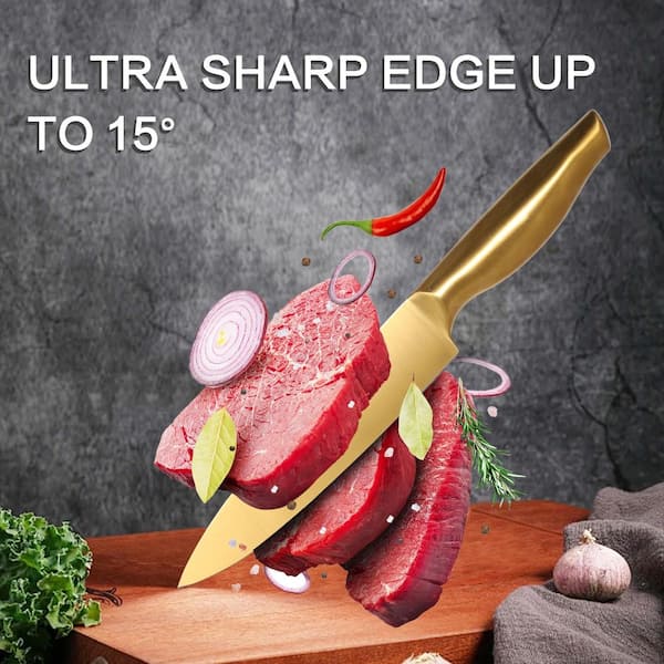 8-Piece Gold Titanium-Coated Stainless Steel Knife Block Set with