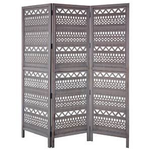 72.0 in. H Gray Wood 3 Panel Folding Room Divider Screen with Indicate Cut out Geometric Design