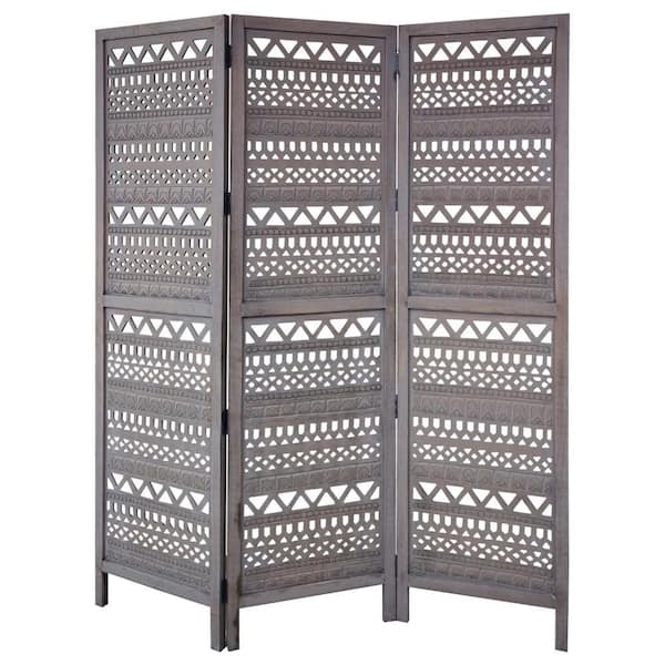 THE URBAN PORT 72.0 in. H Gray Wood 3 Panel Folding Room Divider Screen with Indicate Cut out Geometric Design