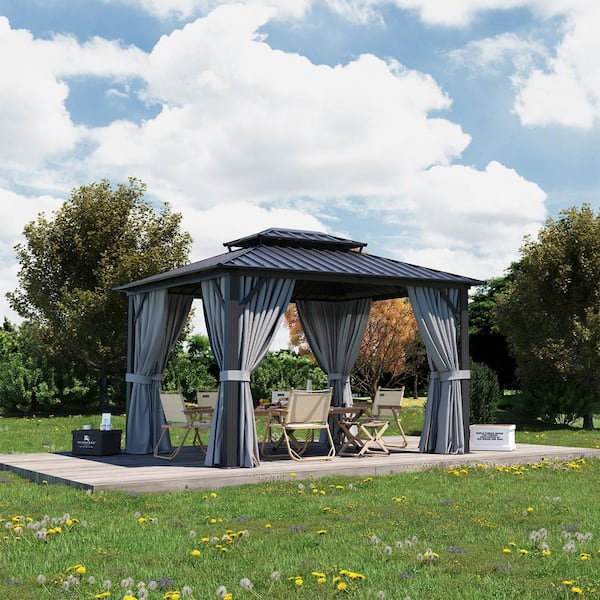 12 ft. W x 10 ft. D Black Aluminum Double Roof Hardtop Gazebo with Ceiling Hook, Curtains and Netting
